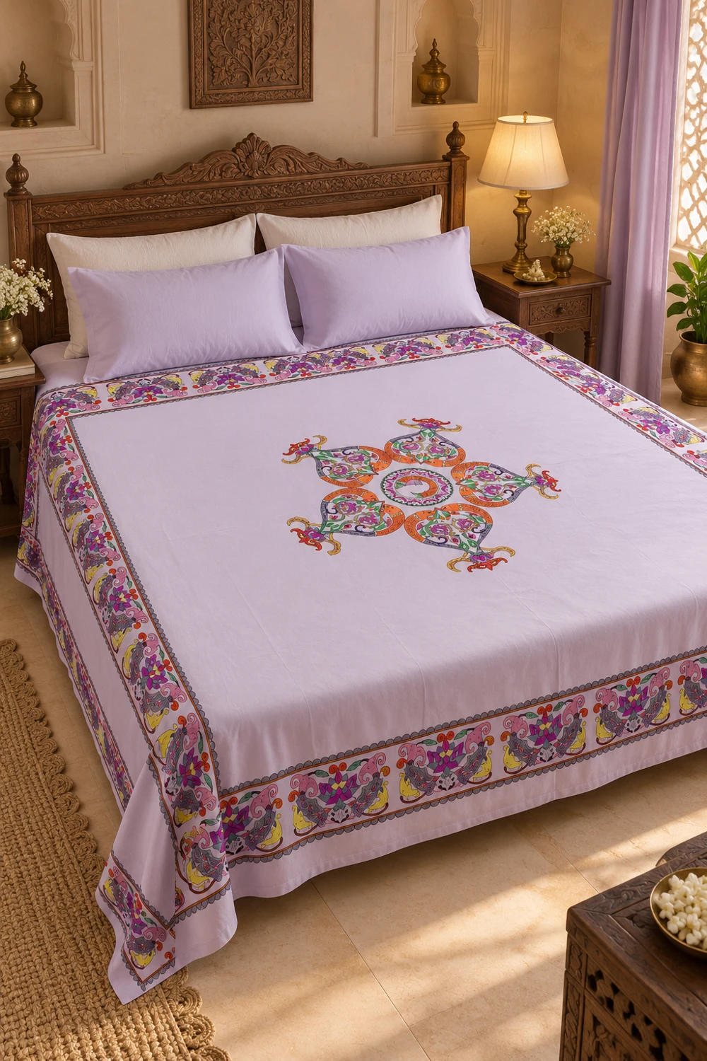 Your lilac bedsheet with a multicoloured border and central medallion, styled on a wooden bed