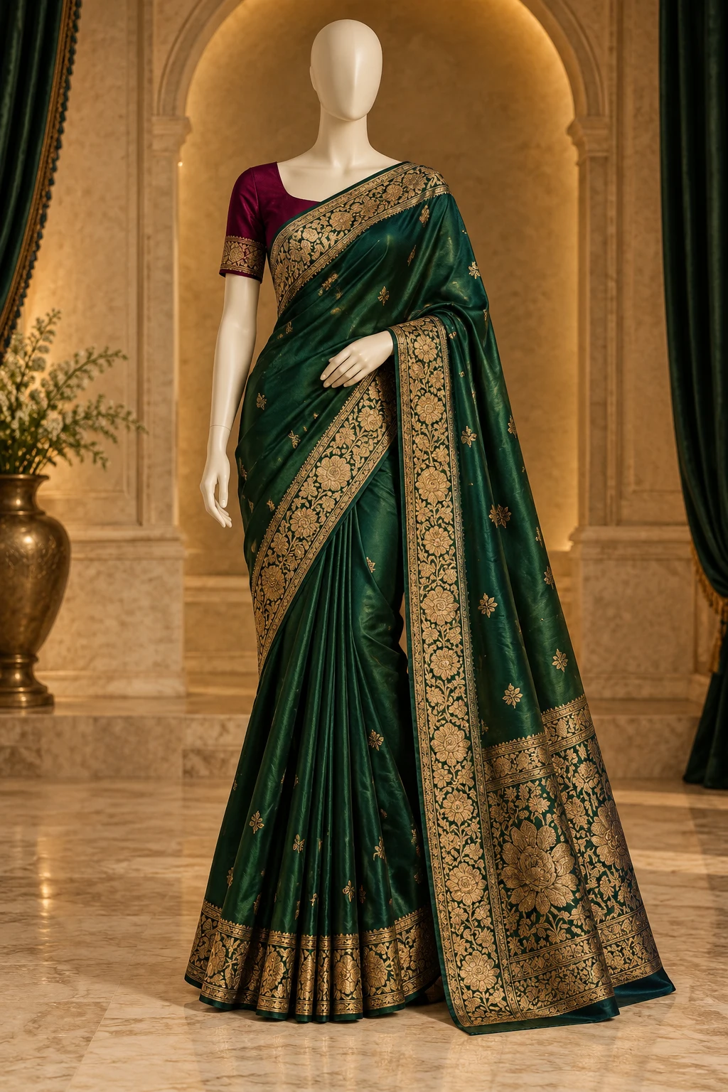Emerald saree drape with intricate antique-gold floral border