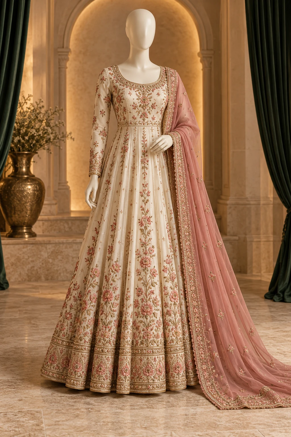 Ivory and rose Anarkali design on a mannequin